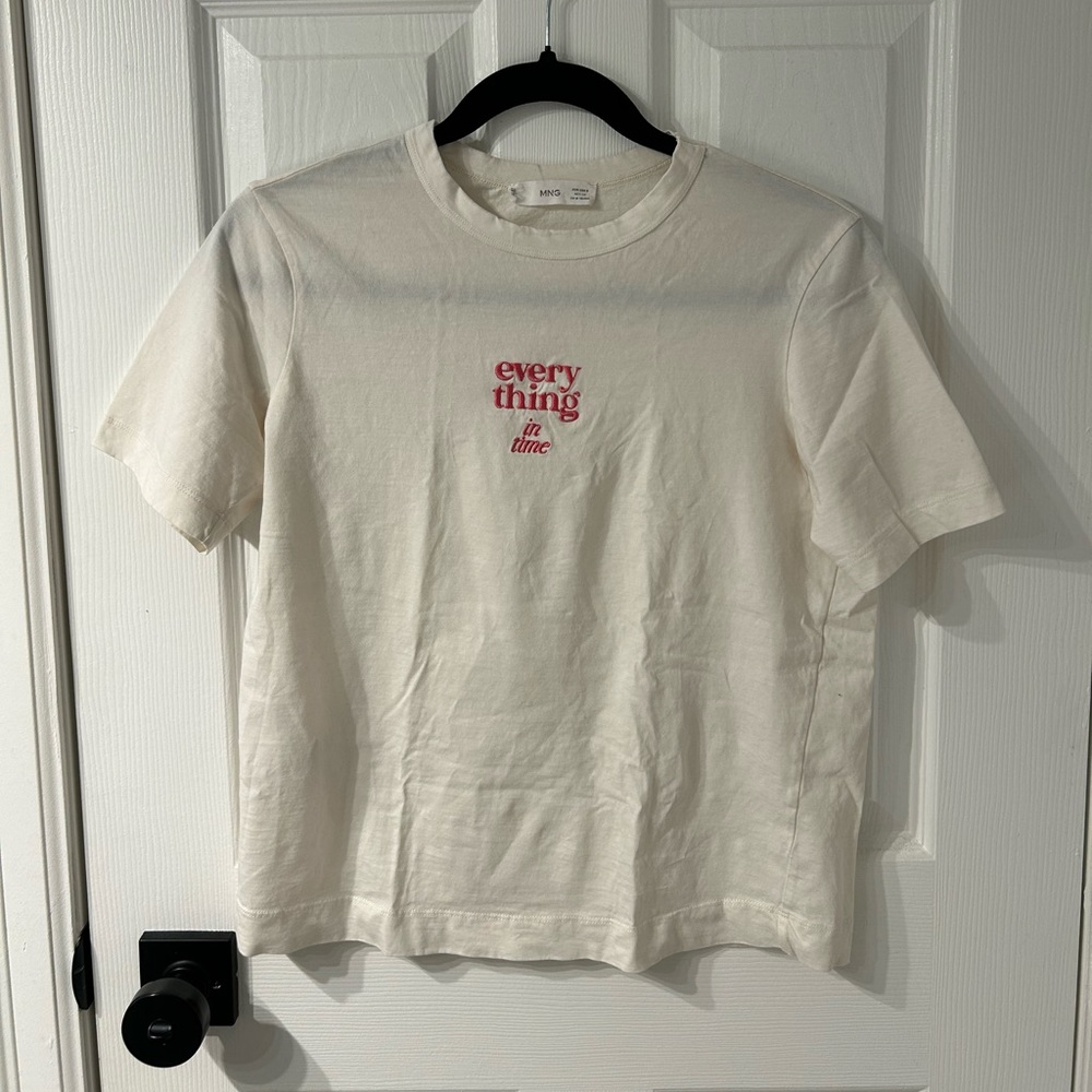 MANGO Cream and Pink Embroidered T-Shirt Size S